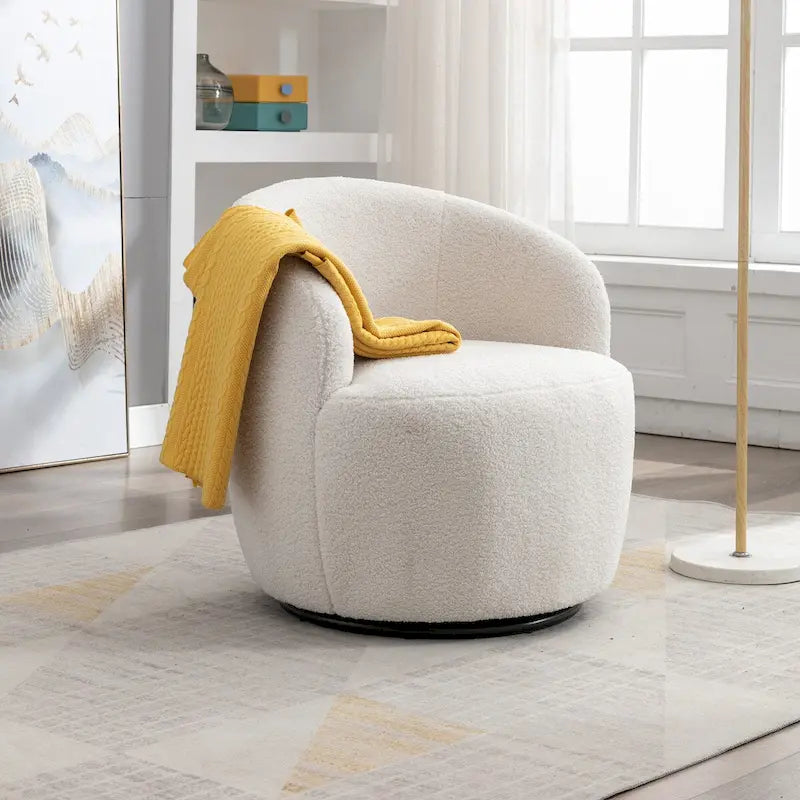 Fauteuil Pivotant d'Appoint en Tissu Teddy, Fauteuil Tonneau Rembourré avec Piètement Rond Pivotant en Métal Noir