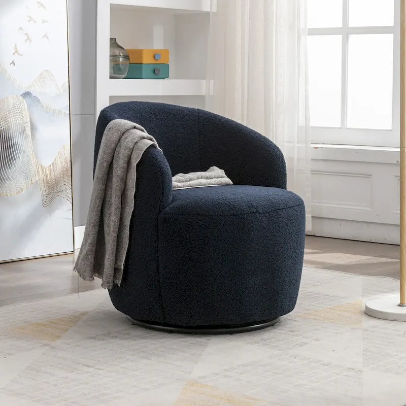 Fauteuil Pivotant d'Appoint en Tissu Teddy, Fauteuil Tonneau Rembourré avec Piètement Rond Pivotant en Métal Noir