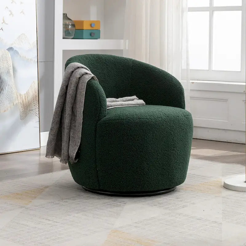 Fauteuil Pivotant d'Appoint en Tissu Teddy, Fauteuil Tonneau Rembourré avec Piètement Rond Pivotant en Métal Noir