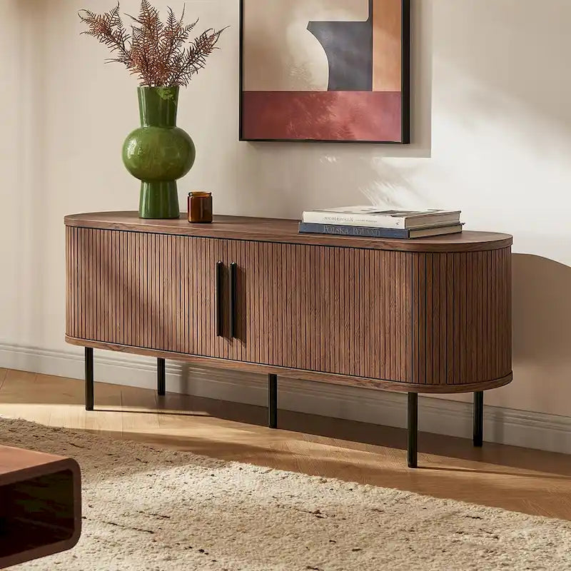 Meuble TV Tambour de 150 cm - Meuble TV Moderne du Milieu du Siècle avec Façade Cannelée