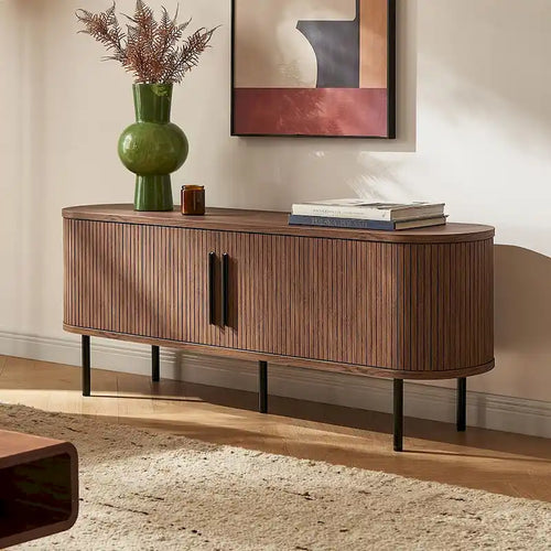 Meuble TV Tambour de 150 cm - Meuble TV Moderne du Milieu du Siècle avec Façade Cannelée