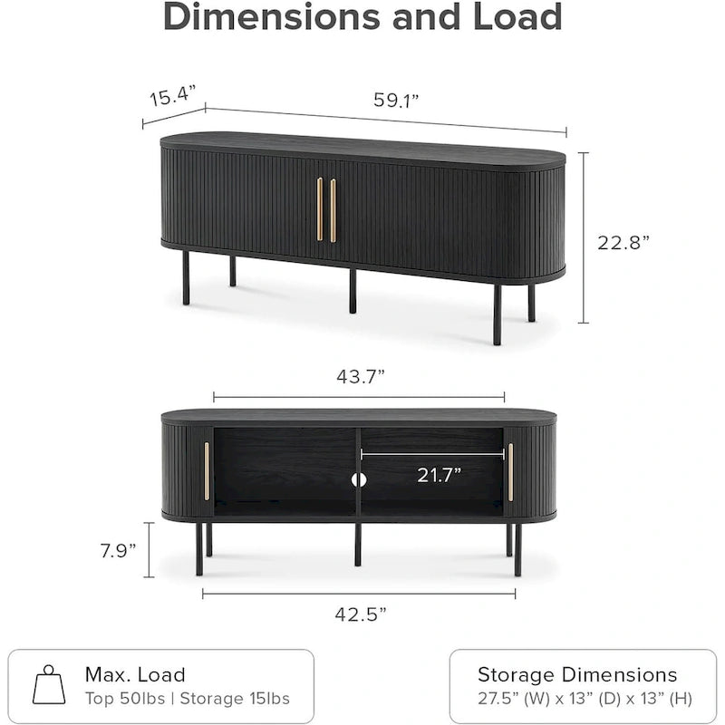 Meuble TV Tambour de 150 cm - Meuble TV Moderne du Milieu du Siècle avec Façade Cannelée