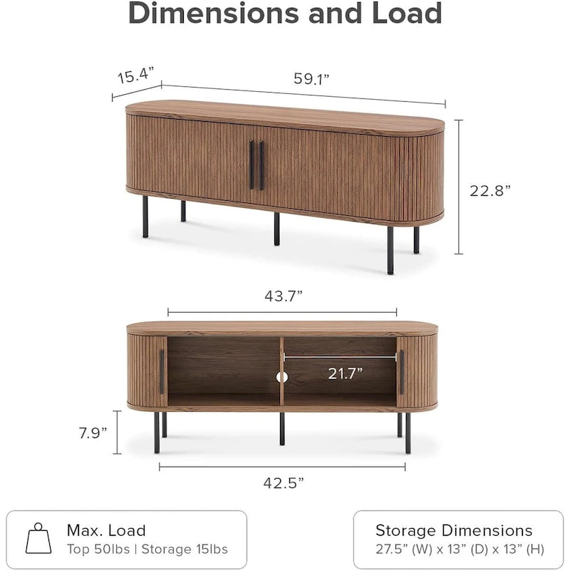 Meuble TV Tambour de 150 cm - Meuble TV Moderne du Milieu du Siècle avec Façade Cannelée