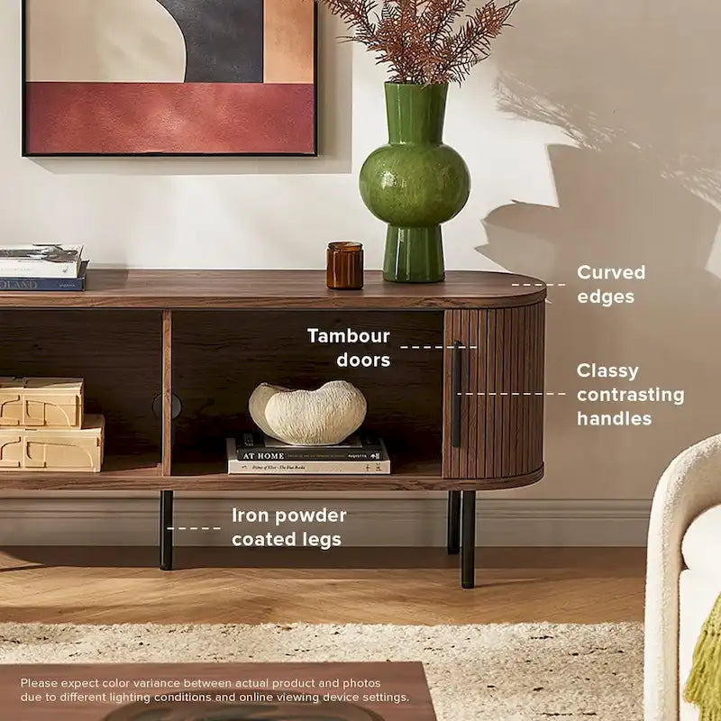 Meuble TV Tambour de 150 cm - Meuble TV Moderne du Milieu du Siècle avec Façade Cannelée